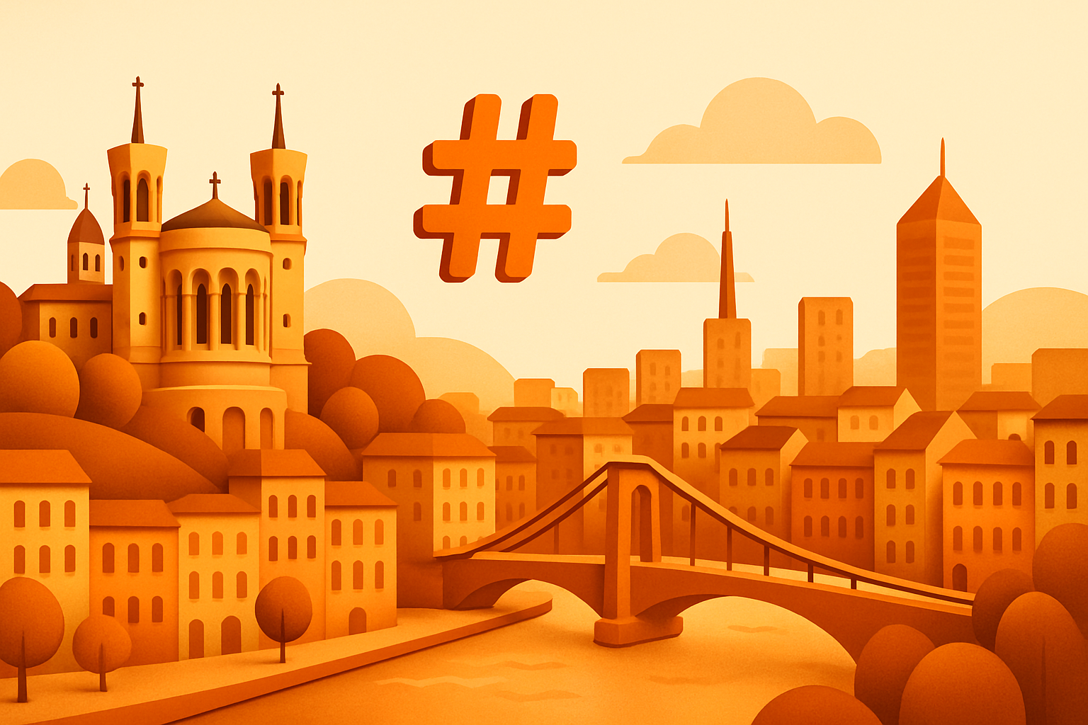 Vue panoramique de Lyon, mettant en avant les hashtags populaires sur Instagram.