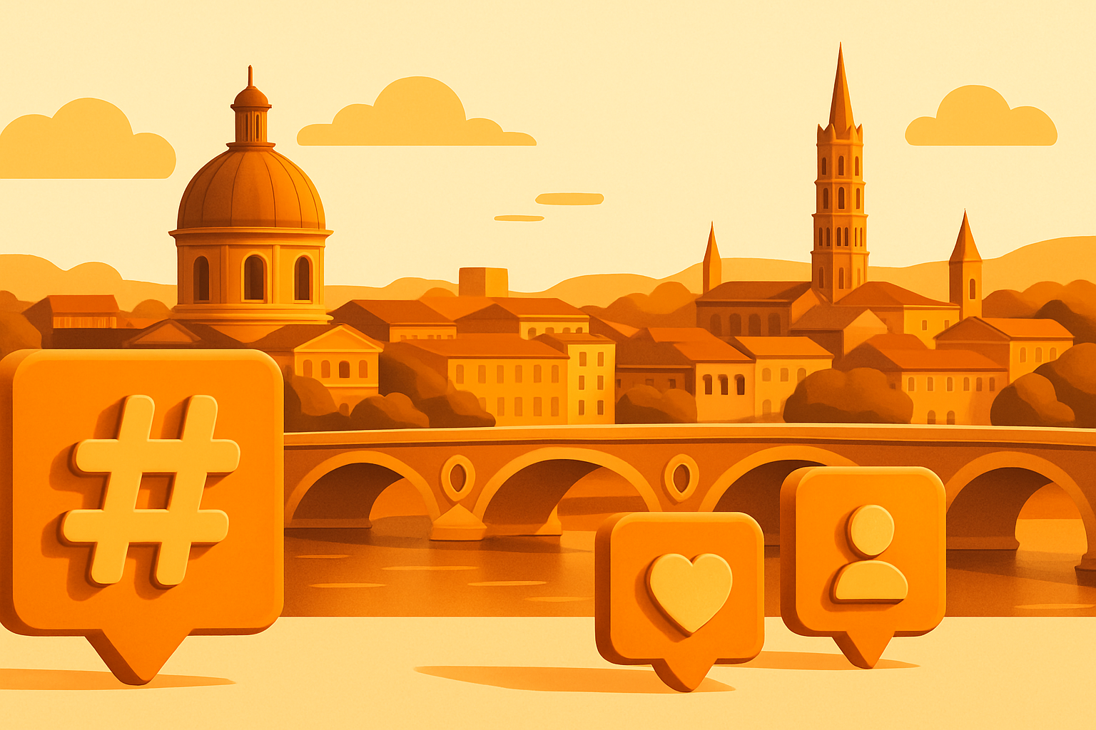 Vue panoramique de Toulouse, mettant en valeur les hashtags populaires de la ville.