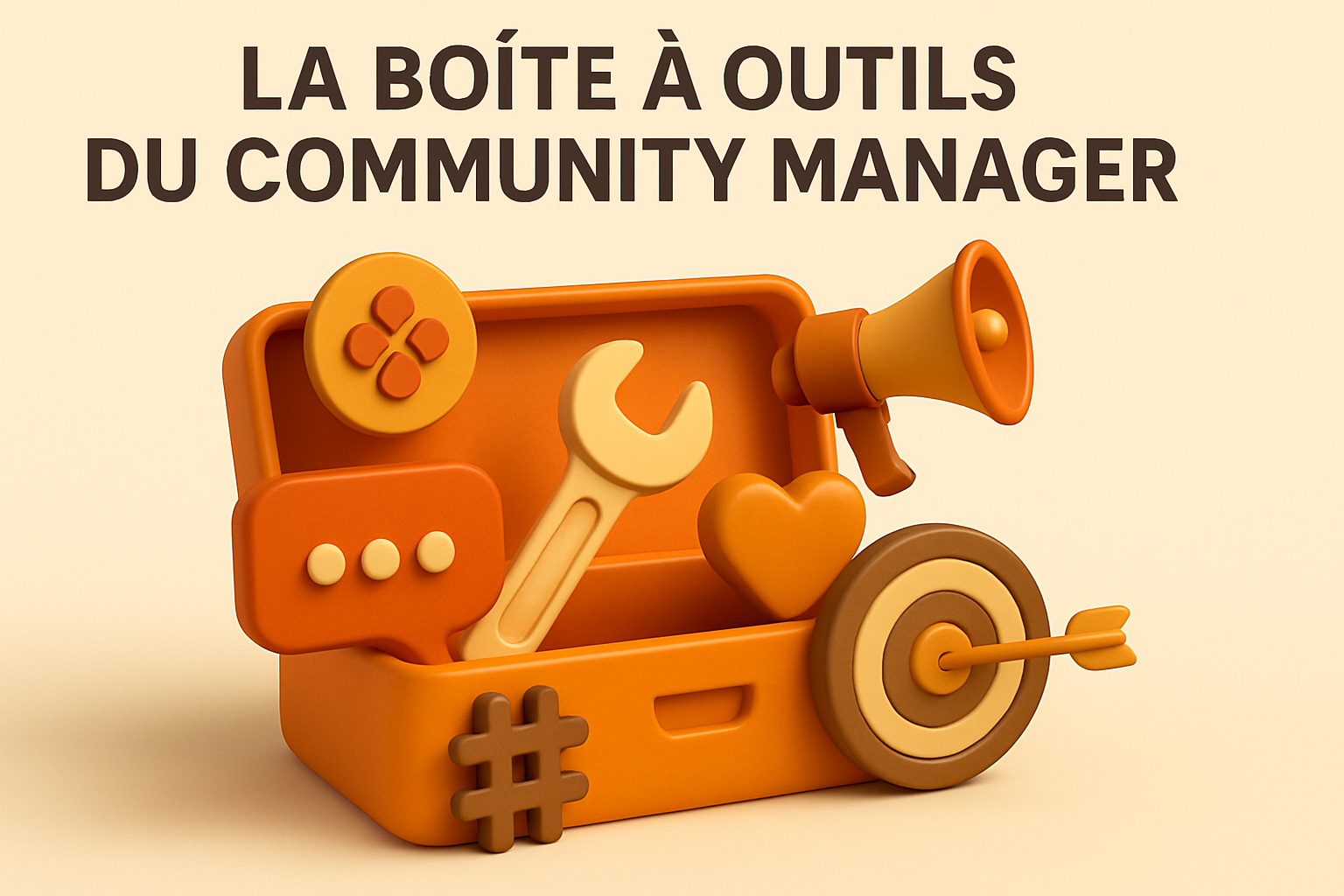 Boite à outils du Community manager avec outils essentiels et ressources visuelles.